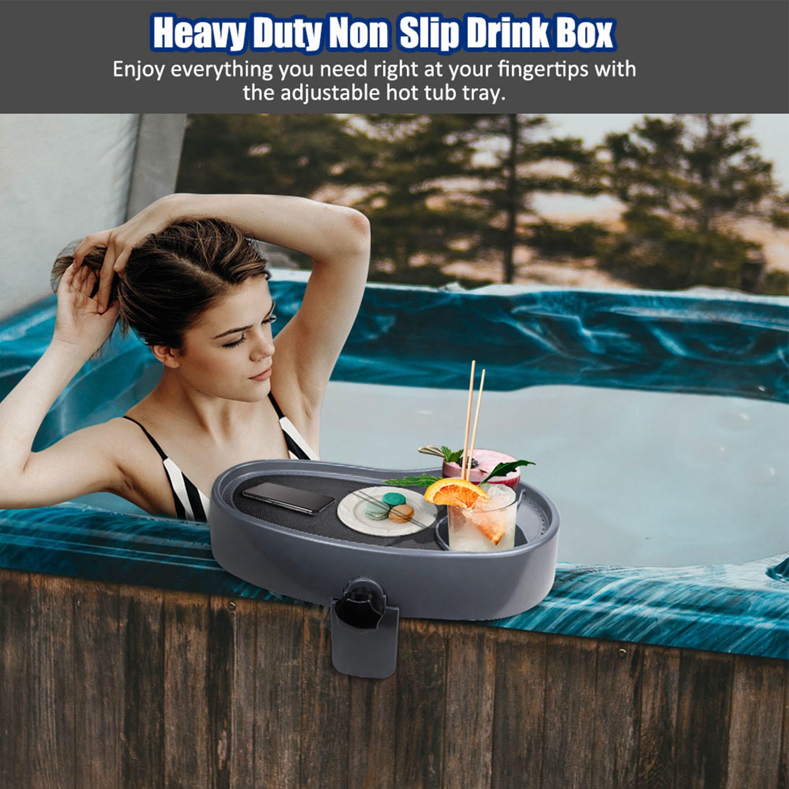 Xirurus Adjustable Hot Tub Tray – Anti‑Slip Plastic Serving Tray with Cup Holder for Baths, Pools & Spa – Holds Drinks, Books & Snacks