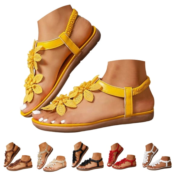 Dakaela Sandals for Women Flat Dressy Summer Flower Sandal with Ankle Strap Arch Support Comfortable Casual Walking Flats Shoes (6,Beige)