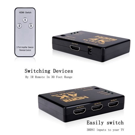 NSA HDMI Splitter, 3 Port HDMI Switch 3x1 3 in 1 out 4K HDMI Switch Hub V1.4B HDMI Switch Switcher Splitter Adapter with IR Remote Control For Android Box HDTV XBOX PS3