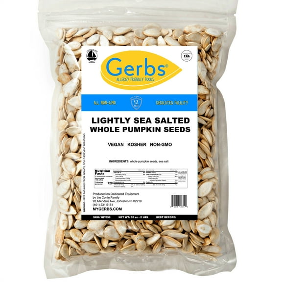 Lightly Sea Salted Pumpkin Seeds In Shell by Gerbs - 2 LBS. - Top 14 Food Allergen Free & Non GMO - Vegan & Kosher