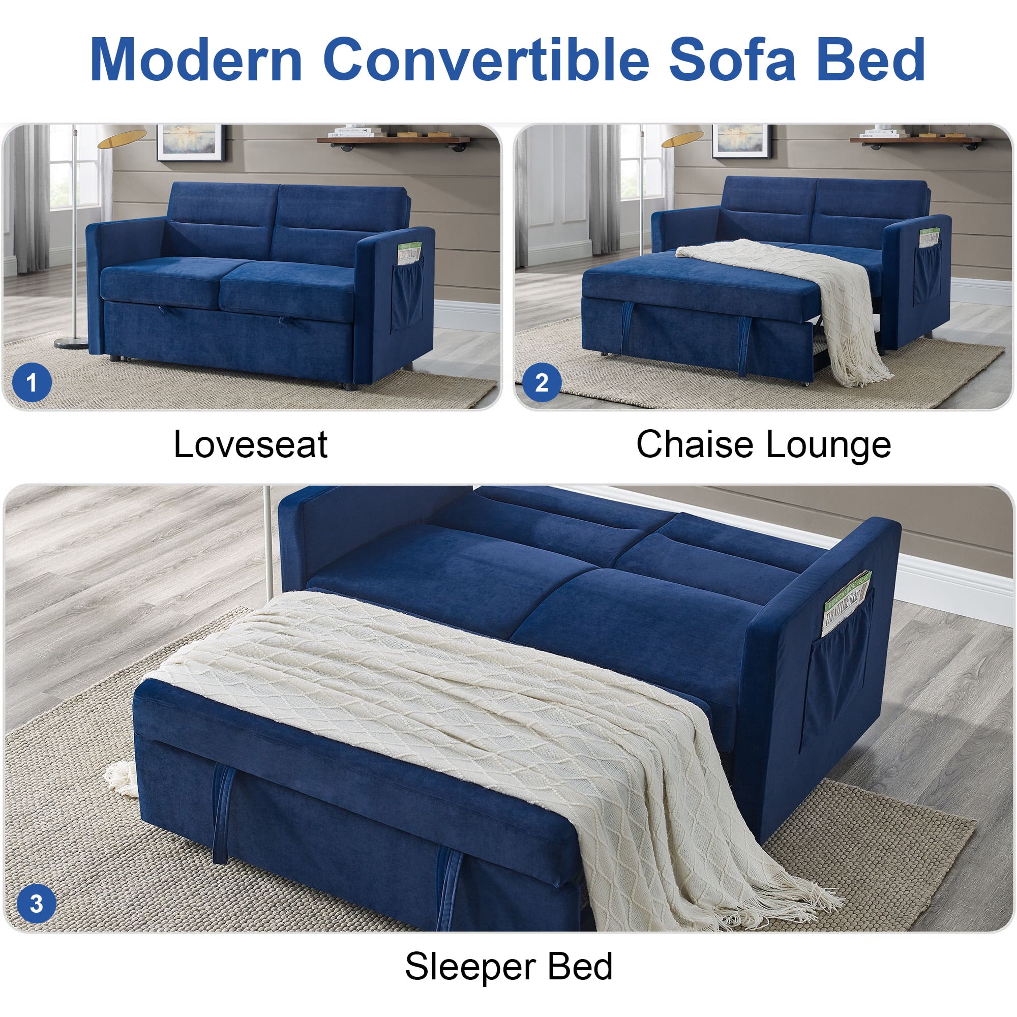 DEALTOPS Convertible Pull Out Sofa Bed, Adjustable Loveseat Sleeper with Side Pockets, Blue