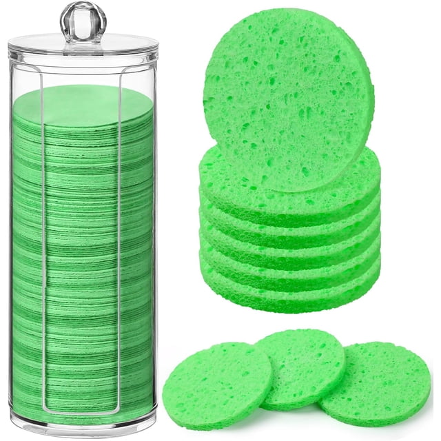 120 Pcs Compressed Facial Sponges Natural Face Exfoliator Disposable Face Sponges for Cleansing Round Soft Facial Scrubber Pads with Storage Container for Makeup Removal Travel (Green)