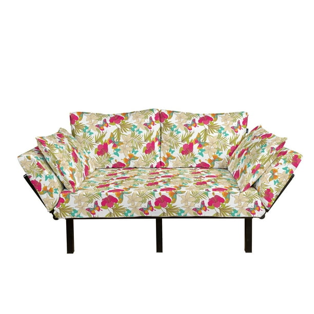 Hawaiian Futon Couch, Tropical Frangipani and Hibiscus Blossoms Exotic