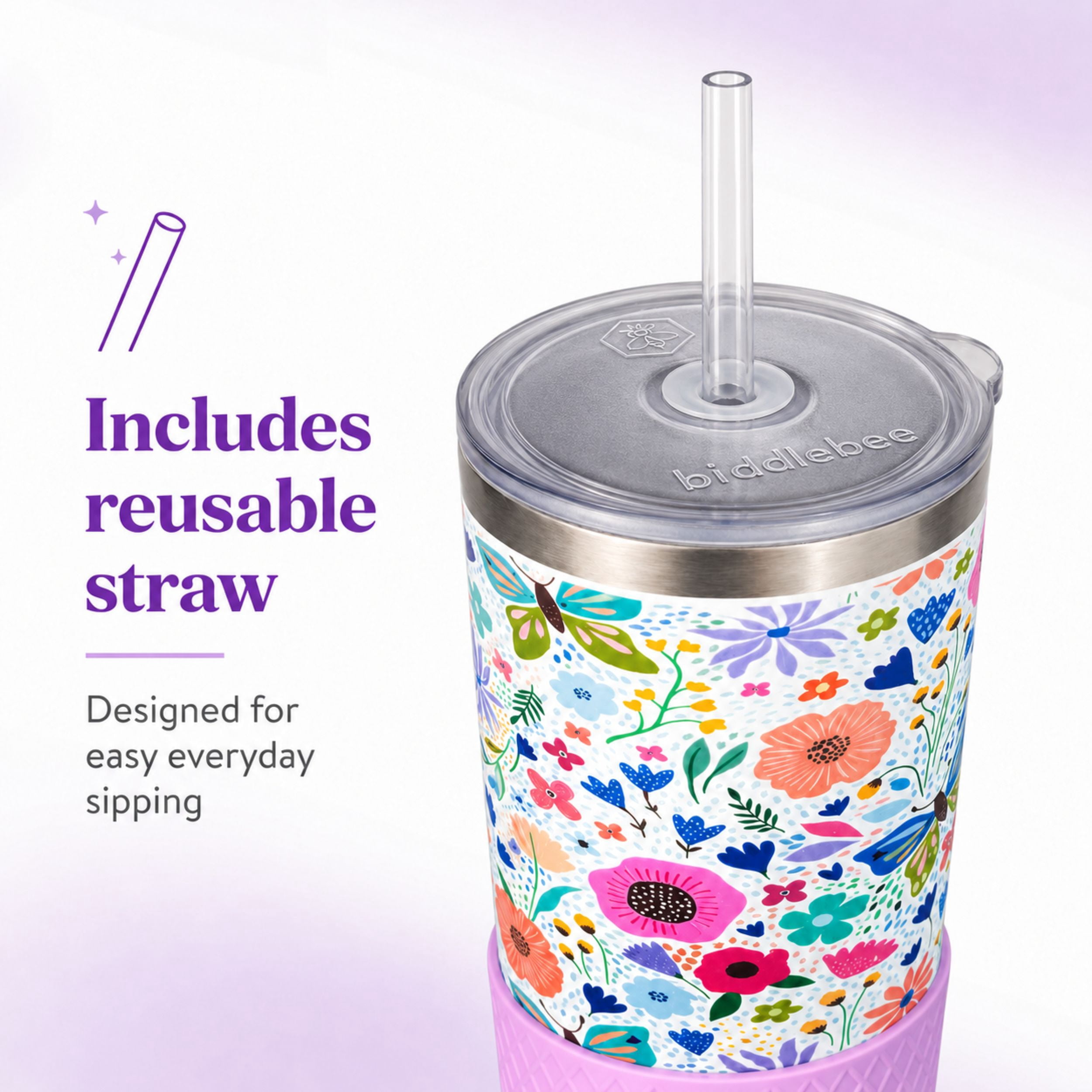Biddlebee 20oz Insulated Stainless Steel Tumbler with Straw and Silicone Boot, Garden Blooms