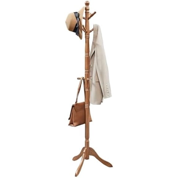 Solid Wood Coat Rack and Stand, Free Standing Hall Coat Tree with 10 Hooks for Hats, Bags, Purses, for Entryway, Hallway, Rubberwood, Caramel Brown URCR03WN