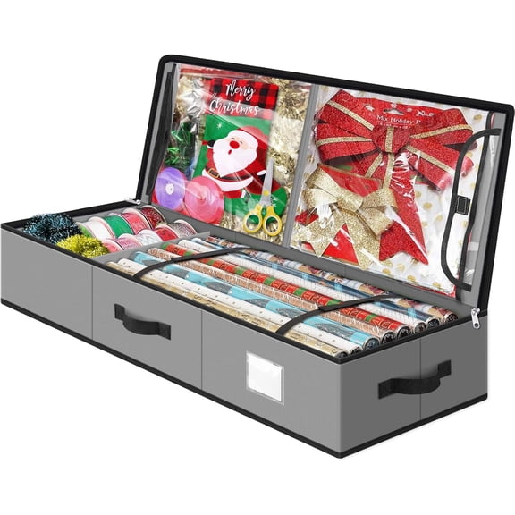 Christmas Wrapping Paper Storage Containers, 40 Inch Gift Wrap Organizer, Visible Supplies Pockets for Xmas Accessories, Underbed Storage for Christmas Decorations, Grey