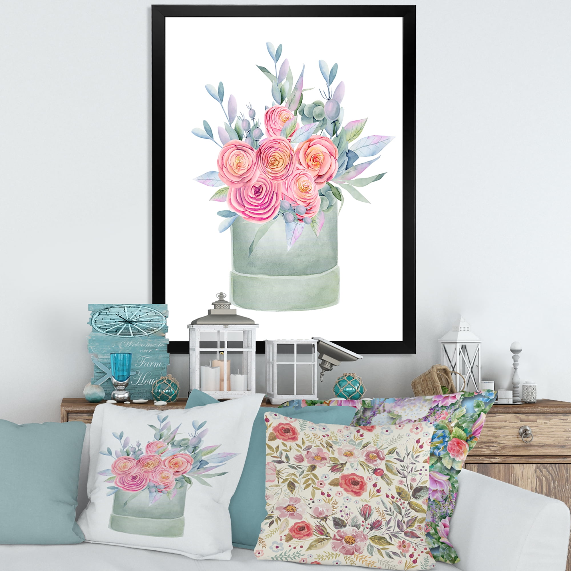 Designart 'Pink Roses With Gift Box' Farmhouse Framed Art Print