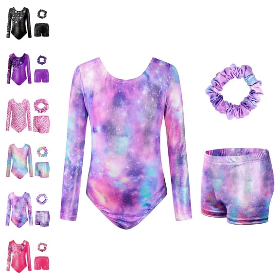 UJNDER Girls Long Sleeve Gymnastics Leotard with Digital Print Ballet Dance Unitard for Training and Performance Girls Dance Outfit,Purple,5-6 Years