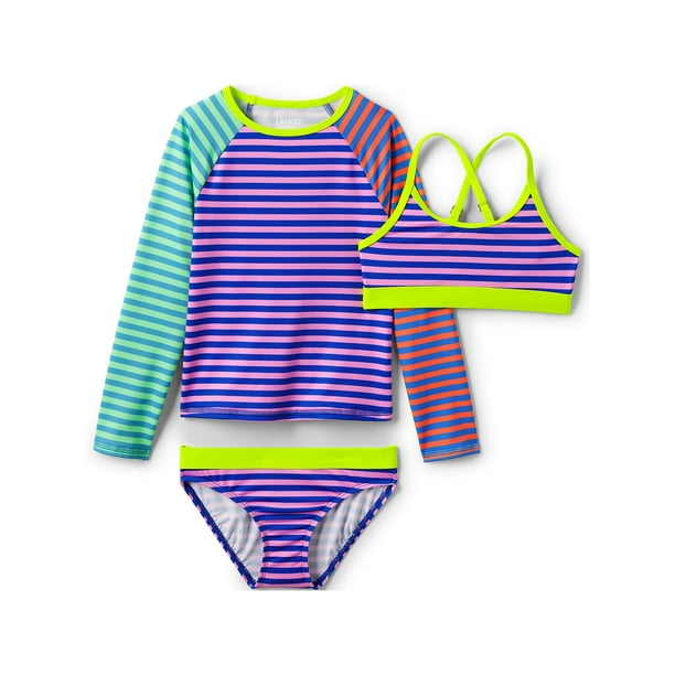 Lands' End Girls Slim Rash Guard Swim Top Bikini Top and Bottoms UPF 50
