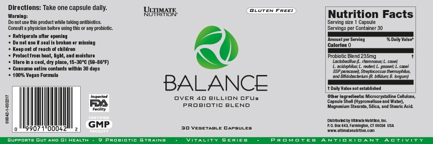 Ultimate Nutrition Balance Probiotic - 40 Billion CFU 9 Strains, 30 Veggie Capsules
