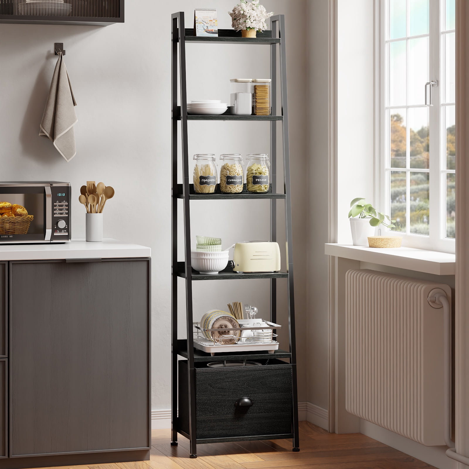 Tydimor 6-Tier Leaning Ladder Bookshelf with Removable Fabric Drawer, Black Oak Bookcase with Backboard Protection, Waterproof Anti-Scratch Storage Shelf for Living Room Bedroom Home Office