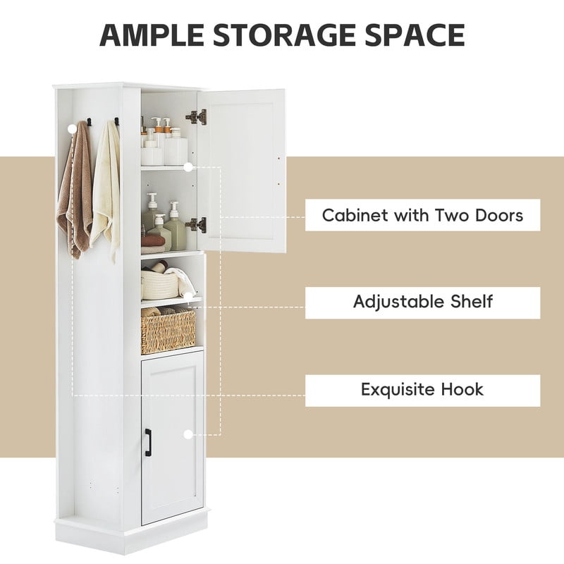 Freestanding Modern 2-Door Bathroom Storage Cabinet, Versatile Sideboard Pantry Cabinet with Hooks and Adjustable Shelves