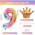 thumbnail image 2 of Number Helium Foil Balloon, 32 Inch Rainbow Number Balloons with Crown for Birthday, Birthday Party Decorations (#9), 2 of 5