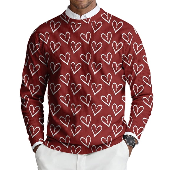 Fgvctg Valentine's Day Mens Sweater Crewneck Ribbed Knit Sweaters Love Heart Print Dressy Slim Fit Long Sleeve Pullover Sweater Spring Oversized Blouse Deep Red L