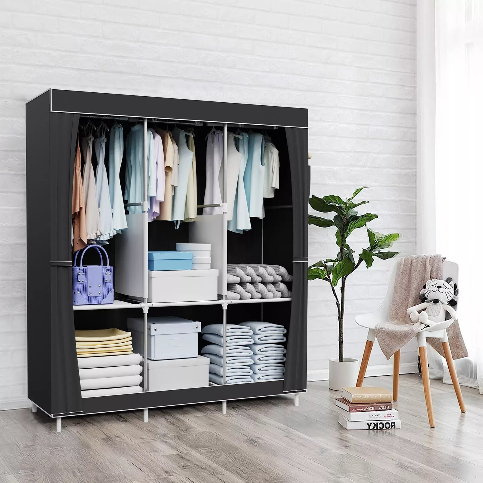 Portable Closet Organizer, Hanging Clothing Rack Shelf, Dustproof Non-woven Fabric Wardrobe Closet Storage, Black