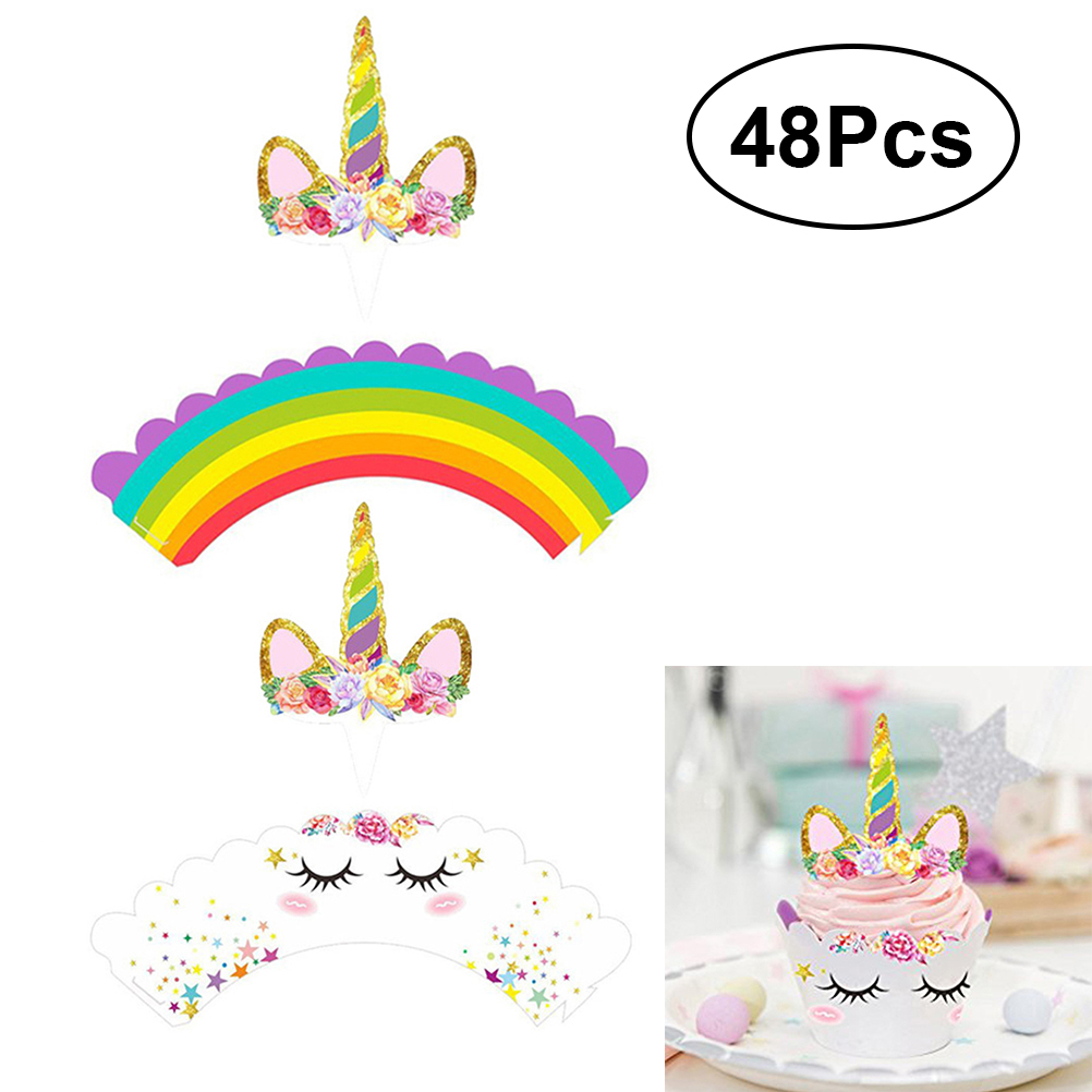 48pcs glitter unicorn cake cupcake toppper with wrappers