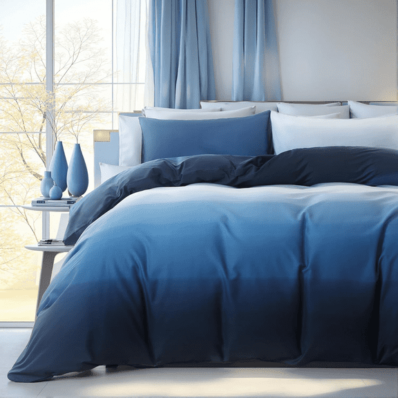 Blue and White Duvet Cover 100% Cotton Duvet Cover Sets Gradient Blue Comforter Cover Ocean Like 3 Pcs Soft and Lightweight Bedding Set for All Seasons