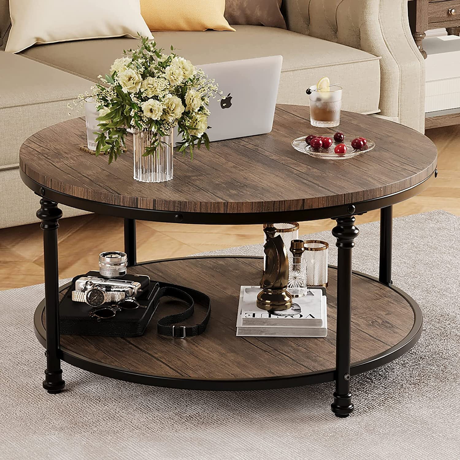 Yartaka Modern Round Metal Coffee Table with Storage Shelf, Light ...