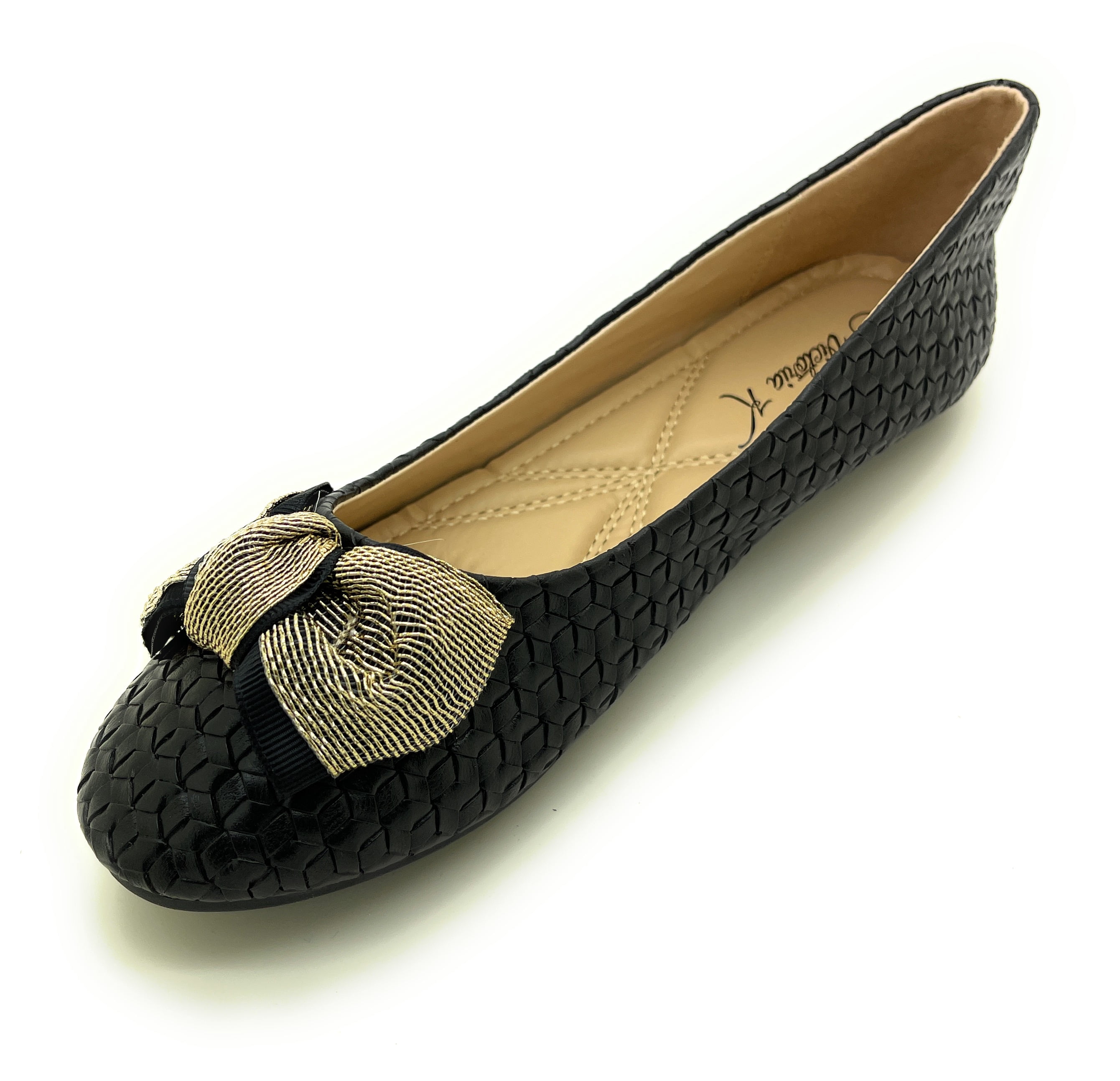 Elegant Women woven ballet flats with a chic gold bow accent. Lightweight, comfy, and versatile—perfect for work, casual outings, or evenings, blending timeless style with modern charm.