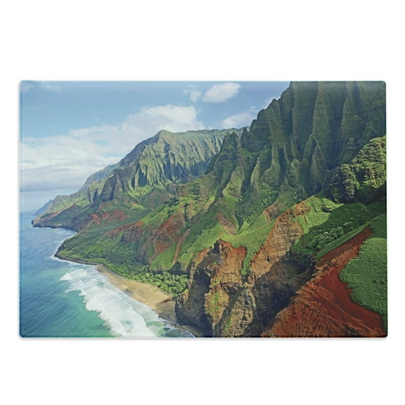 Hawaiian Cutting Board, Na Pali Coast Kauai Hawaii Seashore Greenery Adventurous Journey Landscape, Decorative Tempered Glass Cutting and Serving Board, Large Size, Green Redwood Blue, by Ambesonne