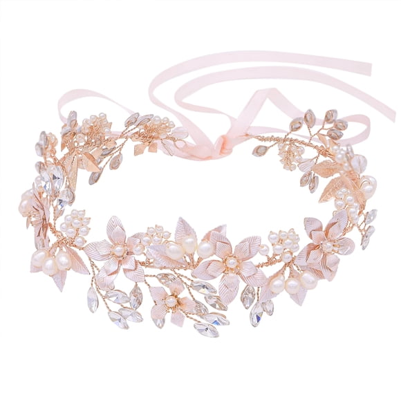 Oriamour Diadema de Boda Tocado de Novia Diseño de Flores con Perlas y Cintas de Agua Dulce genuinas Accesorios para el Cabello para Novia (Oro Rosa)