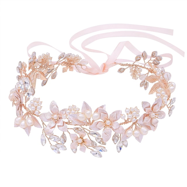 Oriamour Diadema de Boda Tocado de Novia Diseño de Flores con Perlas y Cintas de Agua Dulce genuinas Accesorios para el Cabello para Novia (Oro Rosa)