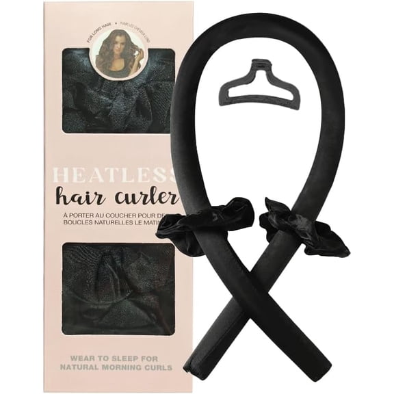 Satin Heatless Hair Curler Set Sleep in Silk Hair Rollers Headband No Heat Curling Rod with Scrunchies and Hair Clips Black