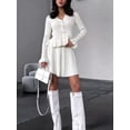 thumbnail image 4 of Women'S Two-Piece Knit Set Long Sleeve V-Neck Sweater with Ruffle Hem Mini Skirt Loungewear White M, 4 of 7