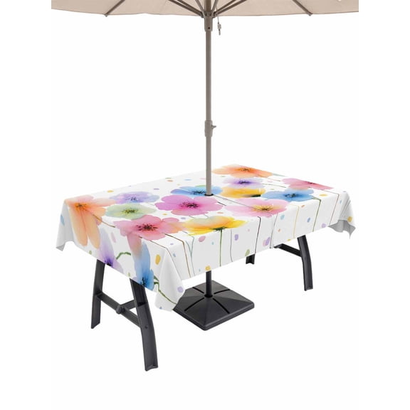 Outdoor Tablecloth with Umbrella Hole for Patio/Picnic/Party/Camping, Watercolor Colorful Floral Waterproof Table Cloth Rectangle Table Cover Washable, Farmhouse Summer Flowers (60"x 120")