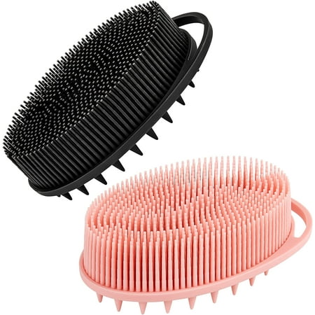 2PCS Silicone Loofah for Body Wash, 2 in 1 Exfoliating and Massaging Hair Body Scrubber, Skin-Friendly Scalp Massager (Black and Pink)