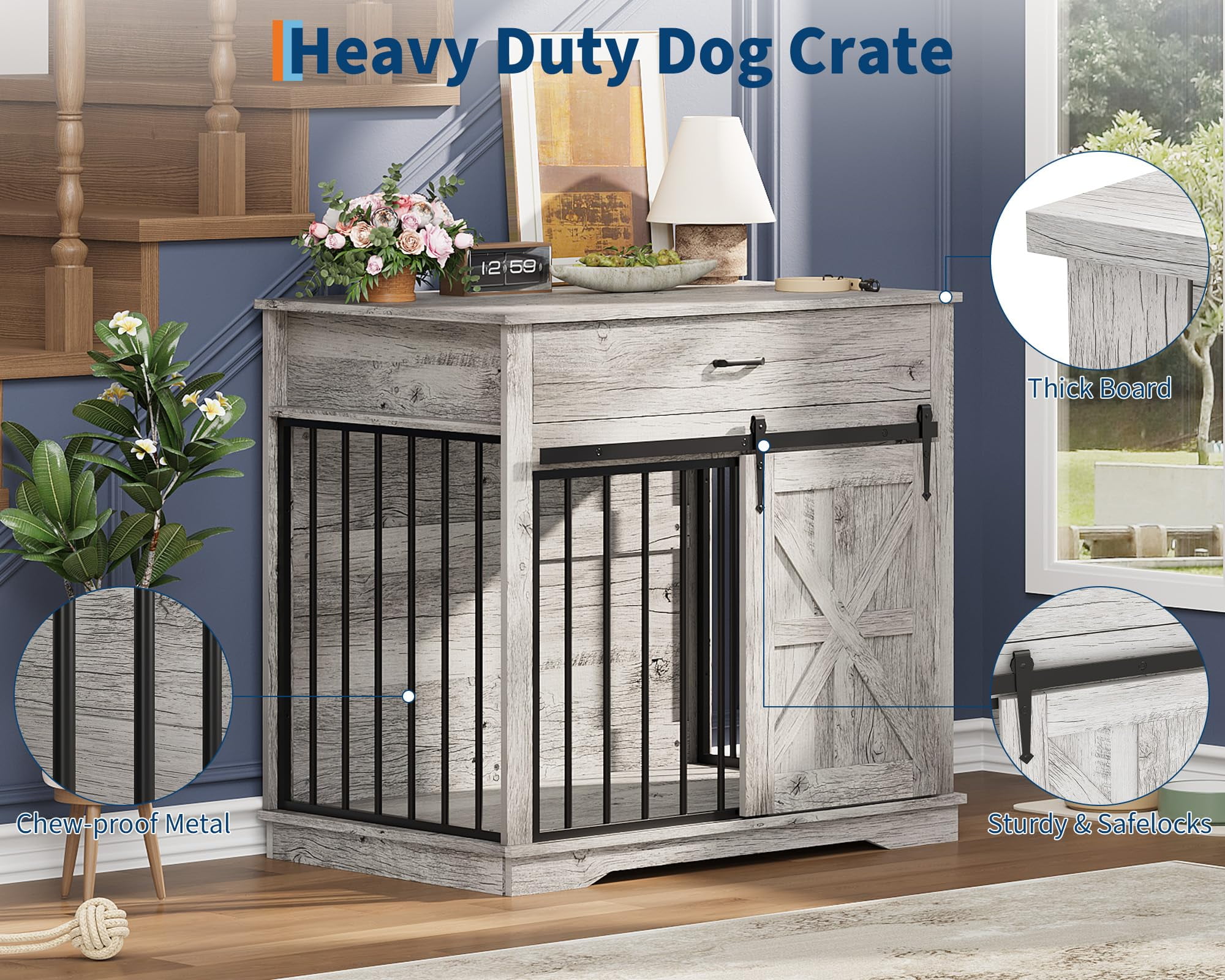 37.8" Wooden Dog Crate Furniture - Indoor Kennel Table & House for Large, Medium & Small Dogs