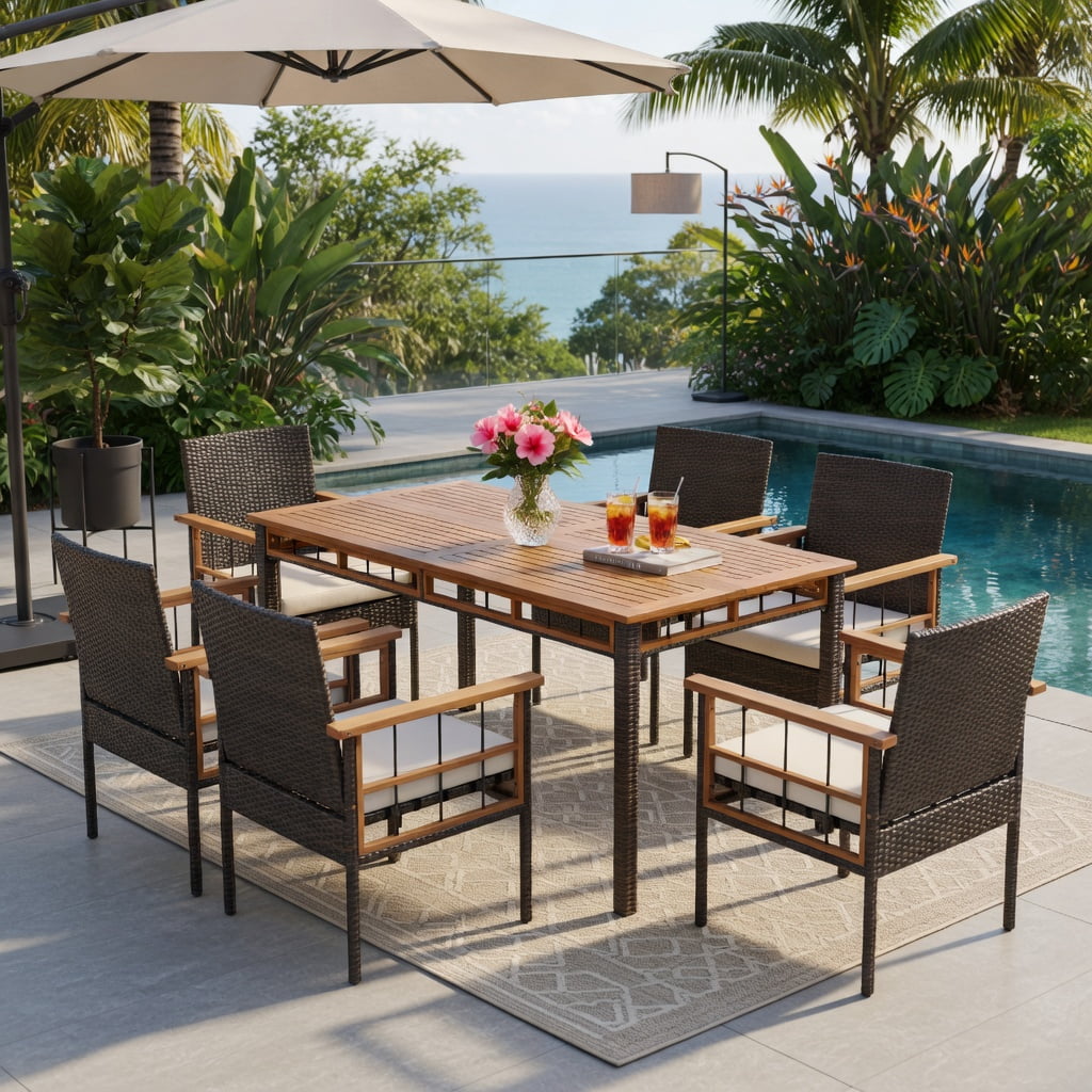 Hommoo 2-Piece Acacia Wood Patio Dining Chair Set with Removable Cushions, PE Rattan & Metal Frame, Ergonomic Design for Porch, Patio & Poolside, White