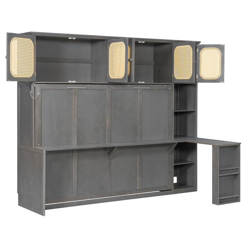 Full Size Murphy Bed with Desk and Open Shelf, Space-Saving Wall Folding Platform Bed Frame with Rattan-Door Cabinets