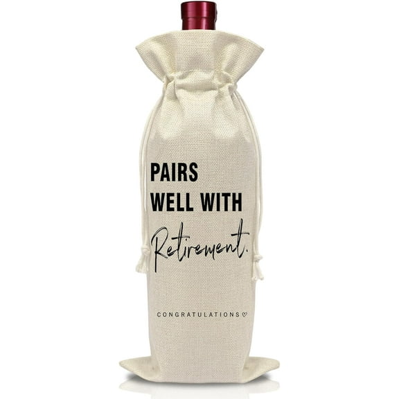 1pcs Retirement Wine Bottle Gift Bag - Pairs Well with Work Gifts - Burlap Reusable Wine Bags with Drawstring - Work Planning Decorations - Meaningful Present Ideas for Coworker-A30