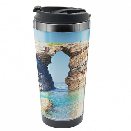

Beach Travel Mug Spanish Seacoast Scenery Steel Thermal Cup 16 oz by Ambesonne