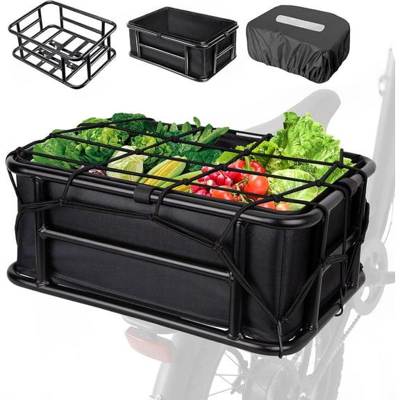 Rear Rack Bike Basket for E-Bikes & Bikes - Heavy-Duty Bicycle Basket with Waterproof Liner, Cargo Net & Rain Cover - Great for Groceries, Dogs, Pets & Daily Commutes