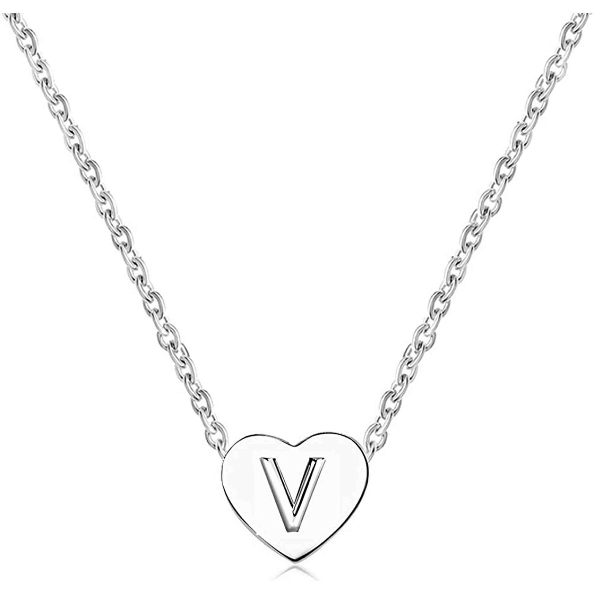 Women Girls Silver Tiny Love Heart Initial Letter Necklace