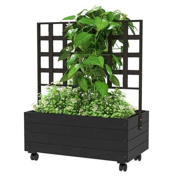 KWUXIN Raised Garden Bed with Trellis and Wheels, Outdoor Planter Wooden Elevated Garden Bed for Garden, Patio, Balcony