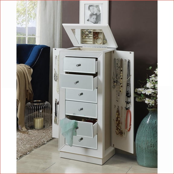 Jewelry Armoire White Traditional with Mirror, Velvet Storage & Drawers | White | Synthetic Wood