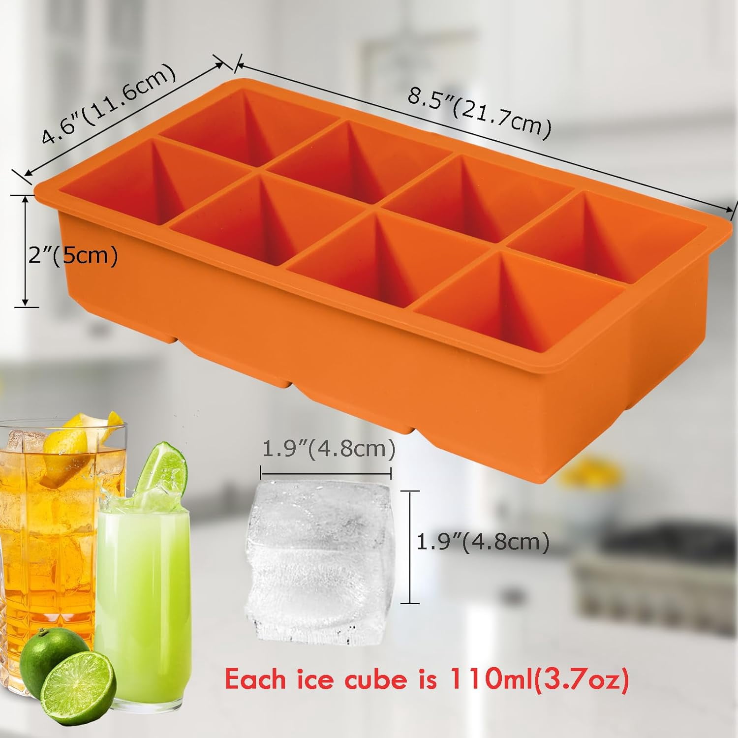 Large Ice Cube Tray, 4 Pack Silicone Ice Cube Mold with Lid, 2 Inch Square 8 Big Ice Cube Maker for Freezer, Cocktail Whiskey Wine, BPA Free, Food Grade, Easy-Release \u2013 Orange