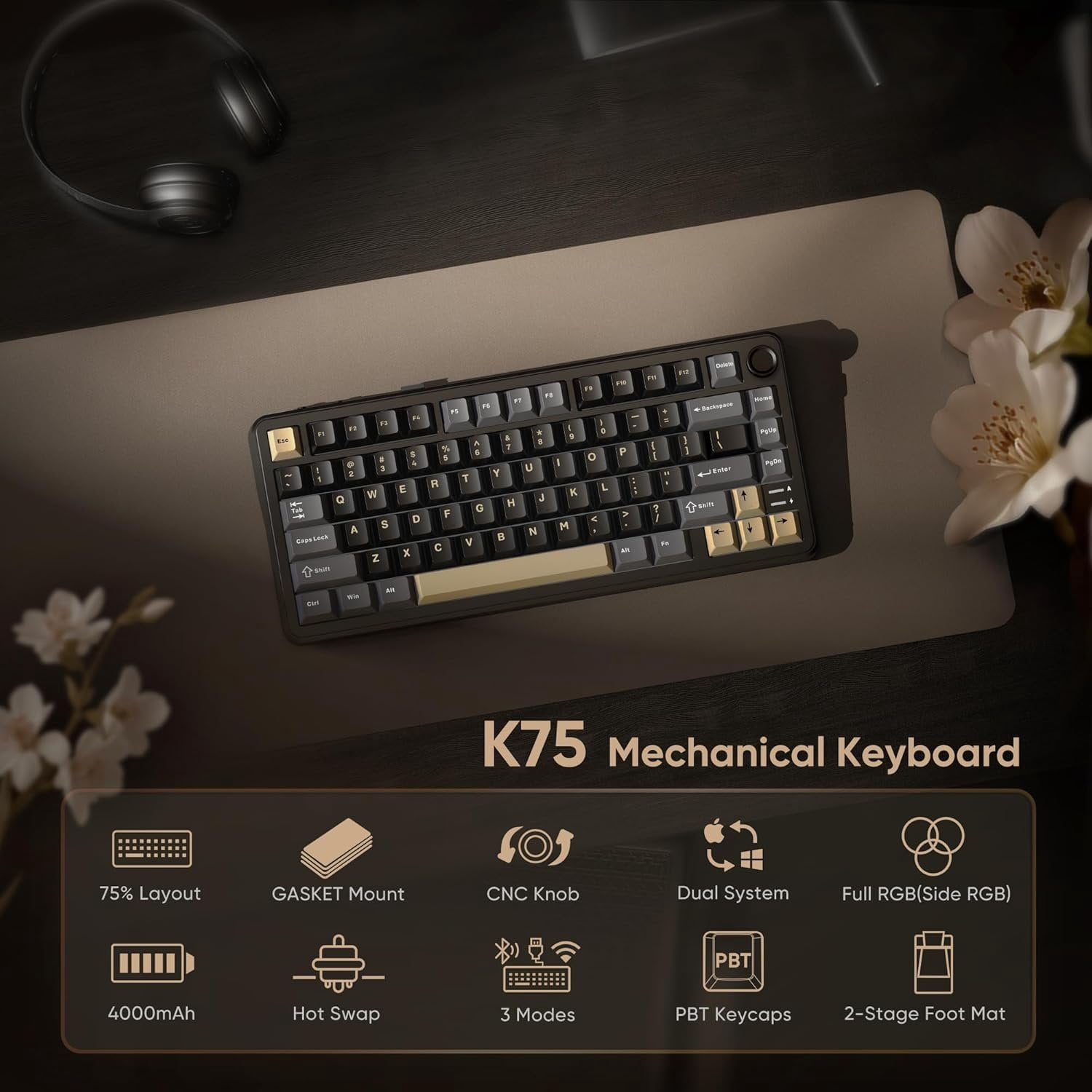 K75 Mechanical Keyboard, CNC Knob, Tri-Mode BT5.0/2.4GHz/USB-C Hot Swappable Custom, Pre-lubed Linear Coconut Switches, Gasket Structure, RGB Gaming Keyboard, Black-