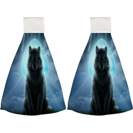 

2 Pcs Hanging Towels Dish Towels Moon Night Wolf Absorbent Hand Towels with Hanging Loop Washcloth for Bathroom Kitchen