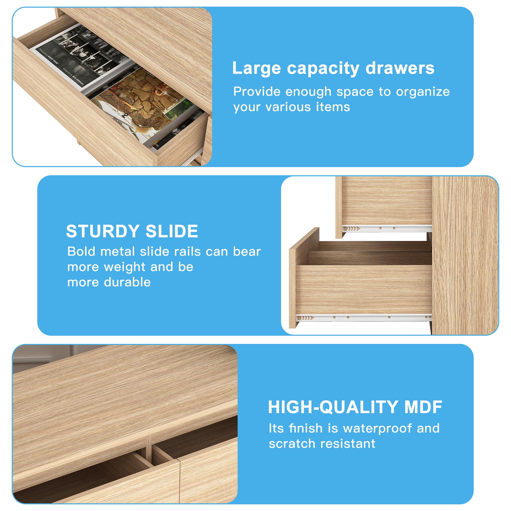 Demi Bonn 6 Drawer Double Dresser, Modern 6 Chest of Drawers with Deep Drawers, Wide Storage Organizer Cabinet for Living Room, Beige