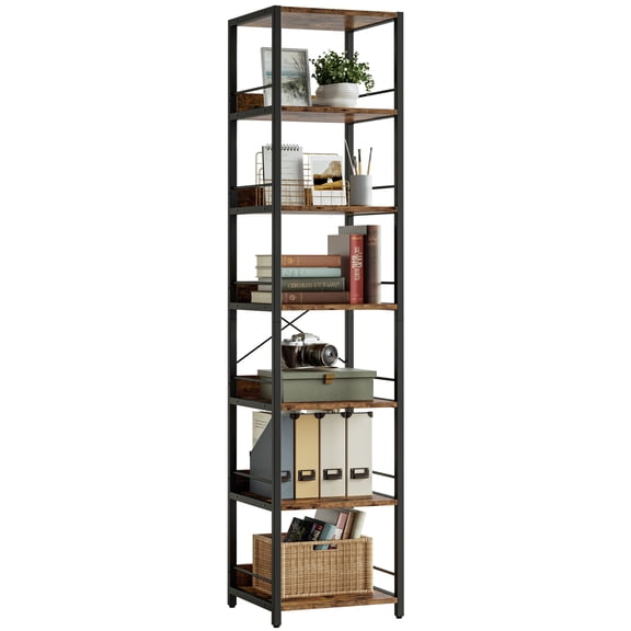 IRONCK 6-Tier Corner Bookcase, 74.8" Tall Narrow Bookshelf, Industrial Metal Frame Display Shelf, Rustic Brown