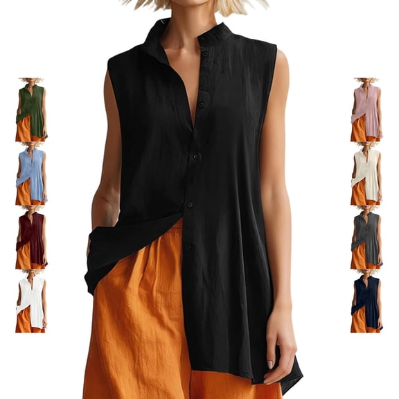 TGSLY Women's Mandarin Collar Tank Tops Lightweight Soft V Neck Button-Down Sleeveless Shirts Oversized Fit High-Low Hem Solid Color Tunic Blouses XXL