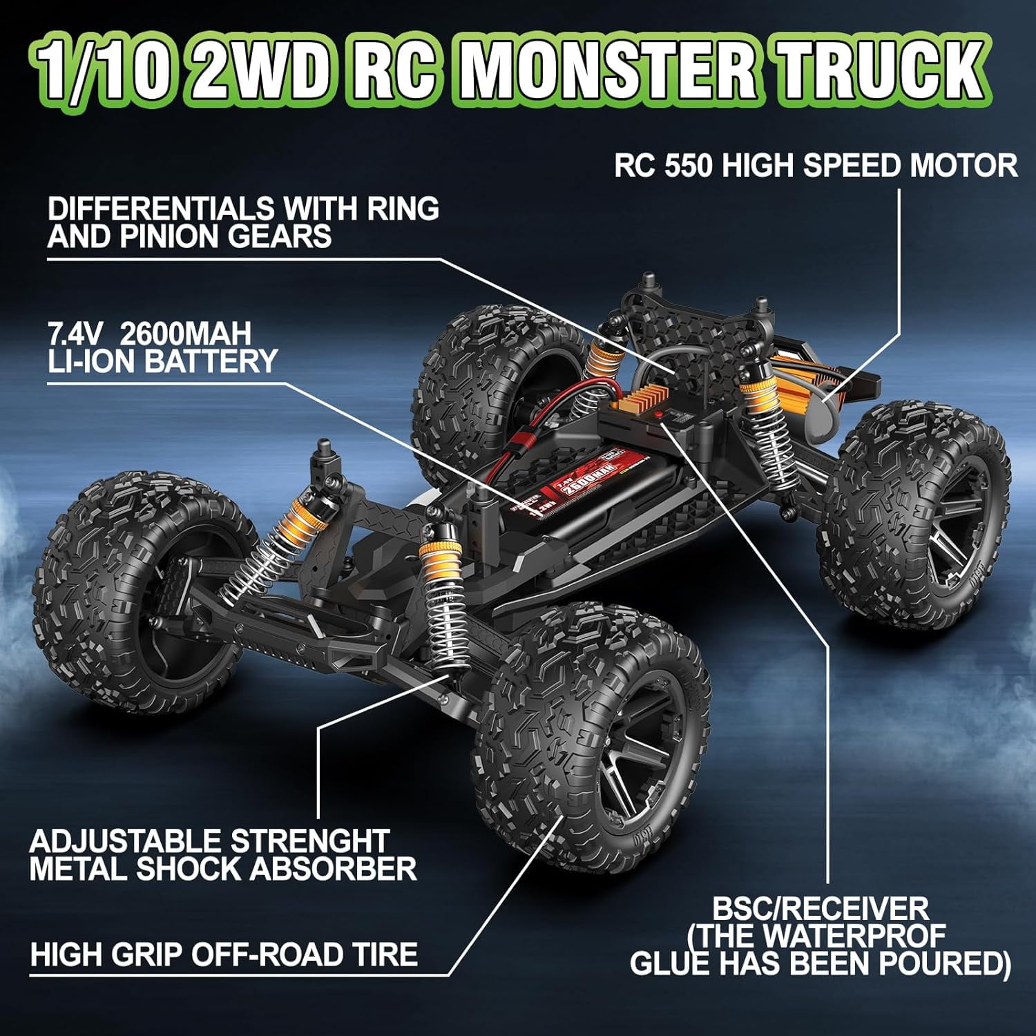 1:10 Large Rc Cars,18-Inch Remote Control Car Trucks with Lights,45+KM/H RC Off-Road Electric Truck, Includes 2 Rechargeable 2600mAh Batteries, Rc Cars for Adults & Boys