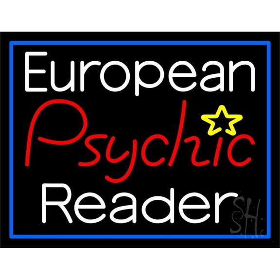 European Psychic Reader With Blue Border LED Neon Sign 24" Tall x 31" Wide - inches Black Square Cut Acrylic Backing, with Dimmer - Bright and Premium built indoor LED Neon Sign for Storefront.