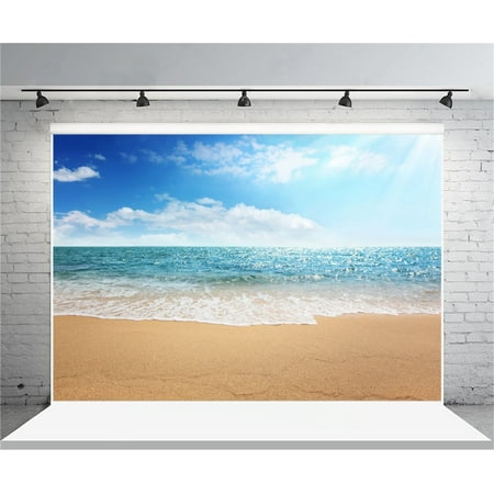 GreenDecor Polyster 7x5ft Beach Photography Background Seaside Sea Waves Backdrop Ocean Blue Sky Clouds Holiday Trip Vacation Adult Boy Girl Lover Portrait Wedding Photoshoot Studio Props Video