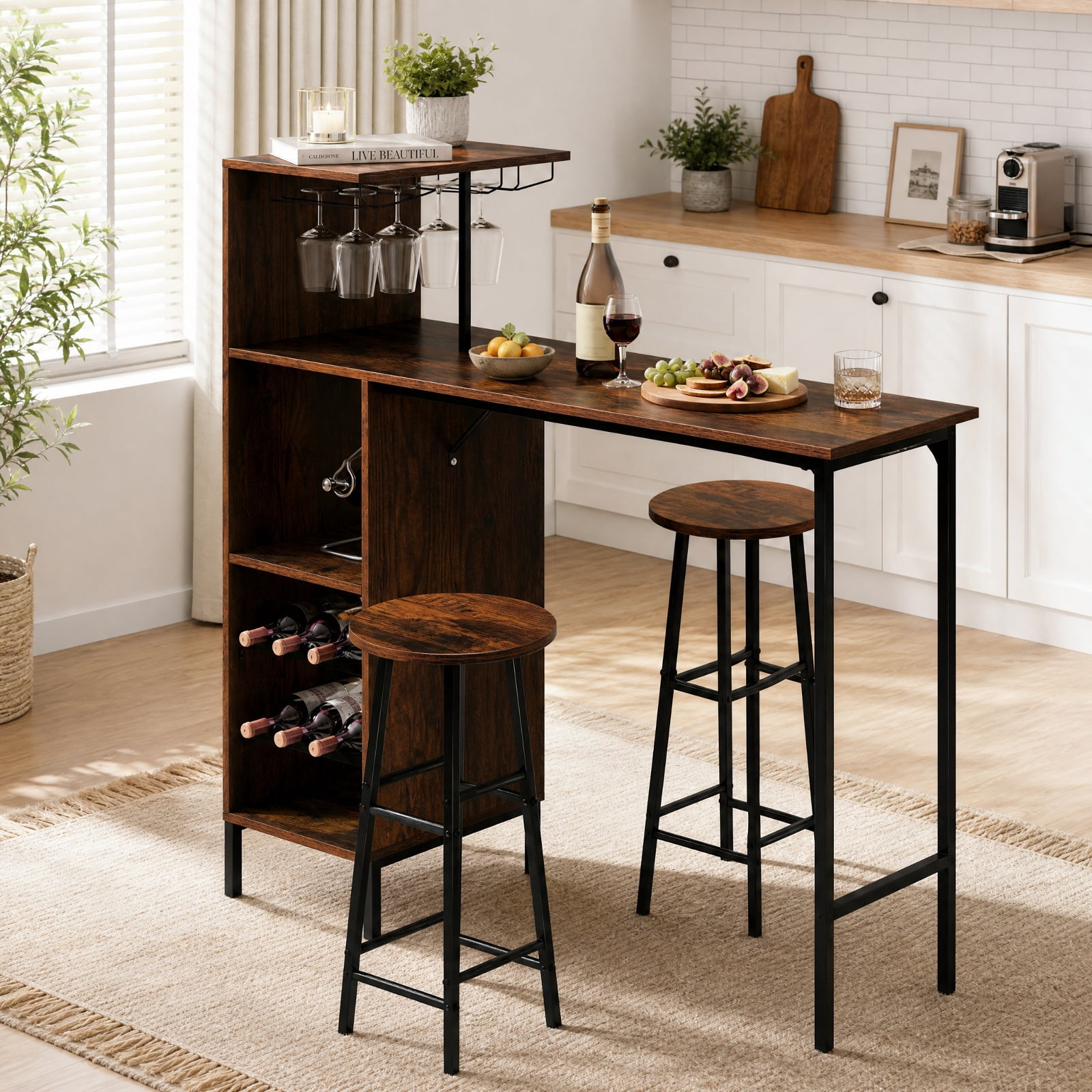 Furnibear 3 Piece Bar Table and Chairs Set with 6-Bottle Wine Rack for Kitchen Dining Room Breakfast Nook Home, Rustic Brown