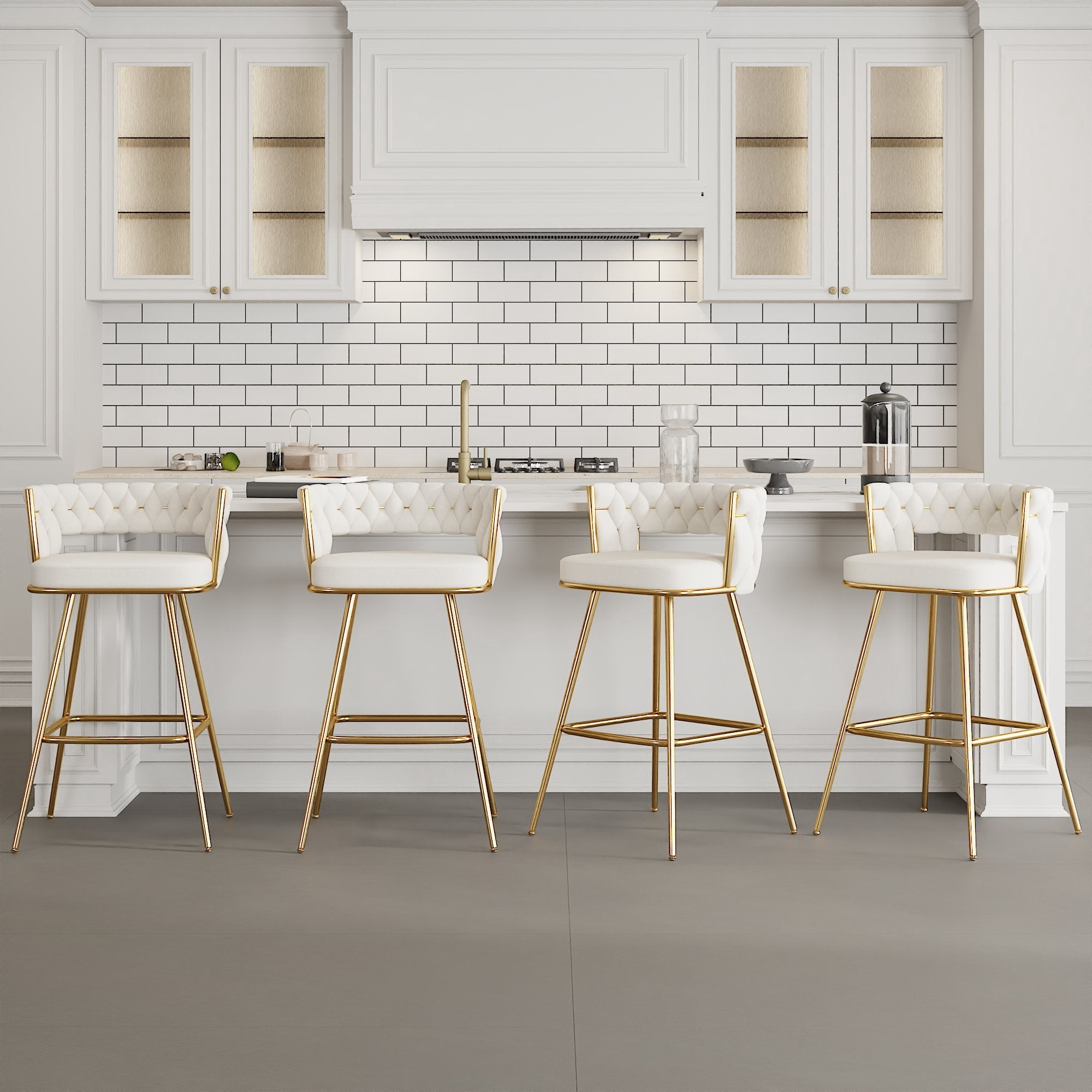 VECELO Modern Braided Bar Stools Set of 4 – Velvet Counter Height Stools with Woven Back Support & Footrest, Heavy-Duty Metal Frame Bar Chairs for Kitchen Island,White